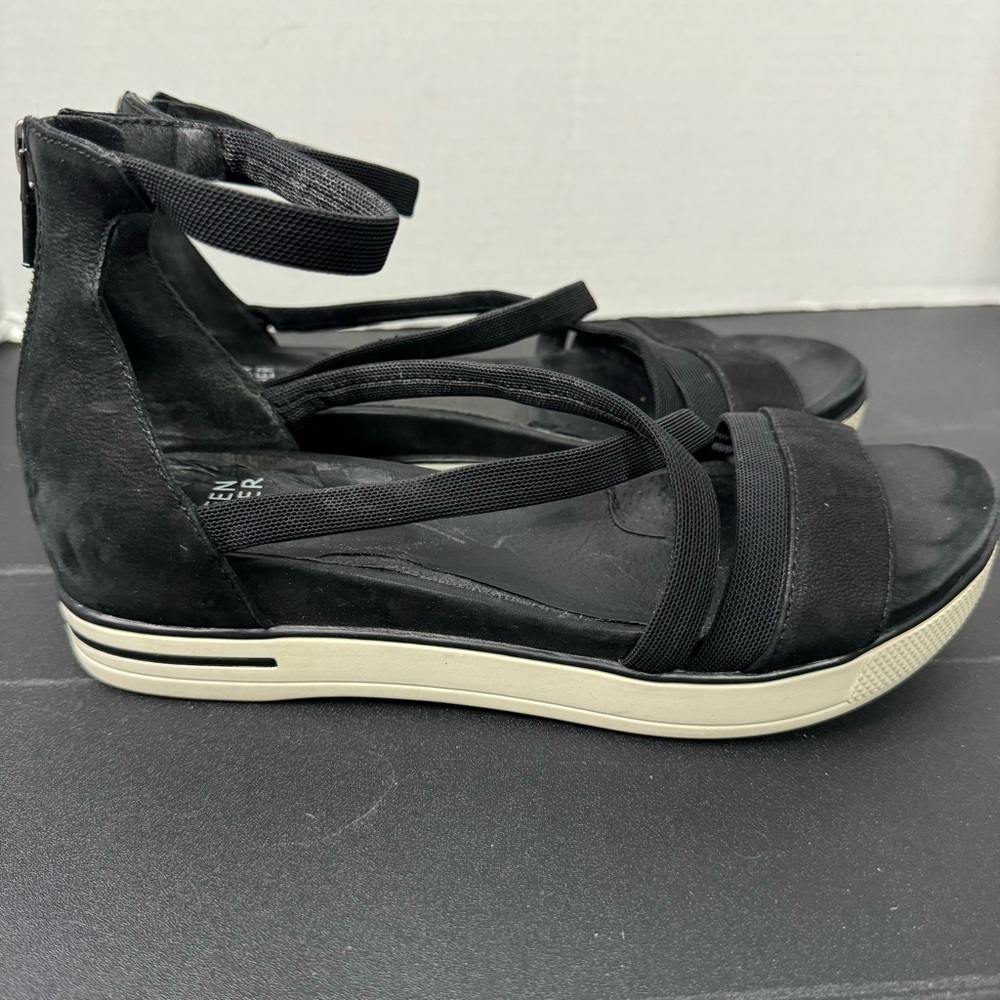 Eileen Fisher Sola Black Nubuck Criss Cross Ankle Strap Heel Zipper Sandals